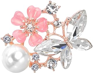 Pink Butterfly Crystal Brooch for Women with Butterfly Clasp and Faux Pearl Detail