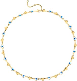 18k Gold-Plated Turquoise Cubic Zirconia Evil Eye Choker Necklace, Cable Chain, for Women and Girls - Heart Shape/Dainty Design