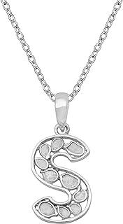 Platinum Plated 925 Sterling Silver Initial Pendant Necklace with 0.50 CTW Natural Slice Polki Diamond - A-Z Alphabet Charm from India