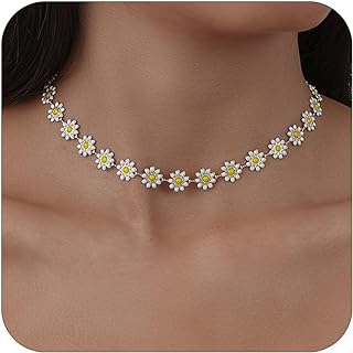 YANCHUN Women's Daisy Flower Choker Necklace with Spring Ring Clasp and Cable Chain - Durable Metal Summer Jewelry for Beach, Weddings, Parties