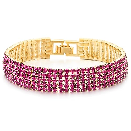 Sparkling Red Purple Crystal Rhinestones Cluster Wide Gold Color Bangle Bracelet for Womens