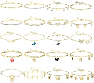 Subiceto 20Pcs Butterfly Anklets for Women Teen Cute Rhinestone Ankle Bracelets Boho Summer Beach Layered Chain Anklets Set Silver Gold Foot Jewelry