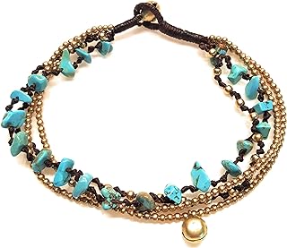 Infinityee888 Turquoise Anklet Bracelet with Bell Stone Handmade Brass Bead Bells Indian Boho Anklet for women, teen girls -JA076