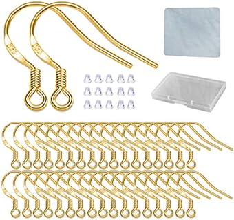 DIYEAR 18K Gold Plated Fishhook Earring Hooks in Silver - Set of 120 PCS with Comfortable Rubber Back Stoppers for DIY Jewellery Makers, Elegant Design