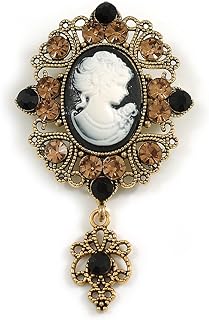 Aged Gold-Tone Black and White Cameo Brooch, Made of Acrylic Crystal for Everyday Elegance and Festivities - Vintage Inspired, Mother's Day Gift