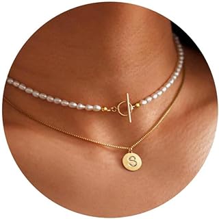 Ursteel Gold Layered Pearl Initial Necklace for Women - Dainty Gold Initial Choker Chain Necklaces for Women Trendy, Gold Jewelry for Women Teen Girls, Personalized Gift