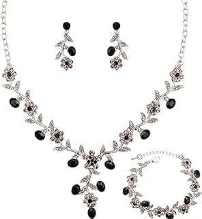 SFE Elegant Austrian Crystal Bridal Bridesmaid Wedding Jewelry Flower Leaf Necklace Dangle Earrings Link Bracelet Jewelry Set for Women and Girls