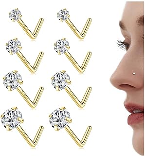LOLIAS 14K Gold Filled Nose Studs 316L Surgical Steel Gold Nose Rings Studs 6A CZ Simulated Diamond Corkscrew L Shaped Nose Piercing Hypoallergenic Nose Rings for Women Men 20G