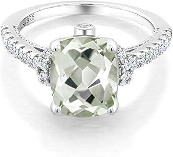 Sterling Silver Women's Ring with Green Prasiolite & White Created Sapphire by Gem Stone King - Cushion Cut, Sizes 5-9 Available