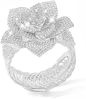 Flower Rhinestone Cuff Bracelet with Lobster Claw Clasp, Created Zircon Gemstone for Women and Girls, Silver Crystal Design for Party, Wedding, Dating