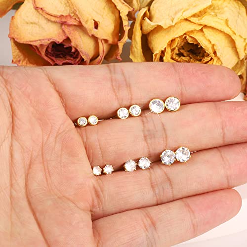 6 Pairs Stud Earrings Cubic Zirconia Earrings Studs Set 14K Gold Plated Sterling Silver Post Hypoallergenic Stud Earrings for Women Girls