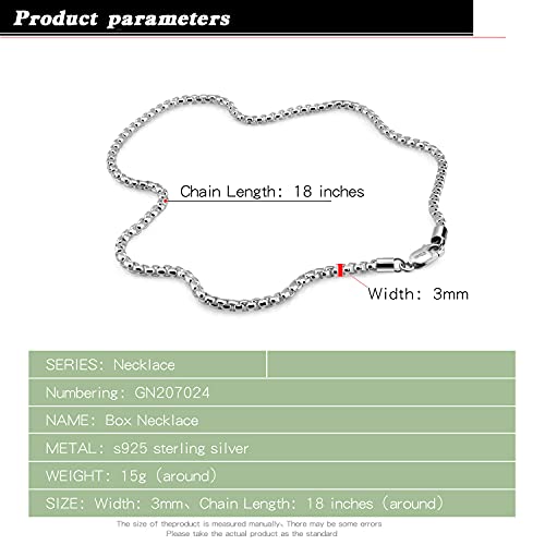Italian Solid 925 Sterling Silver Necklace Men & Women 3MM Square Rolo Link Round Box Chain Chokers 18 "20" 22 "24" 26 "28" Unisex Jewelry (28 inches)