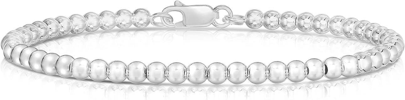 ARGENTO REALE 925 Sterling Silver Handmade Italian Bead Ball Chain Bracelets 3MM,4MM,5MM.Gift Pouch included