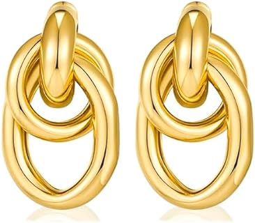 Arabella Jewels Geometric Gold Brass Drop Earrings with Push Back Design for Women, Lightweight, Hoop