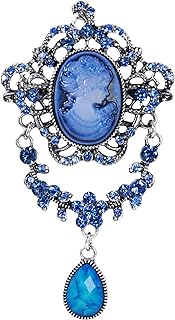 Gyn&Joy Antique Blue Rhinestones Cameo Brooch Pin