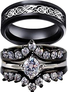 Cubic Zirconia Embellished His & Hers Titanium Wedding Ring Sets - Durable & Hypoallergenic Black Plated Design with Rhinestone