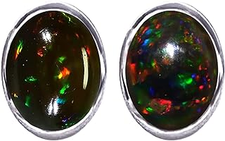 925 Sterling Silver Handmade Stud Earrings with Natural Fire Black Opal Gemstone for Women and Teens Black Gemstone Earrings
