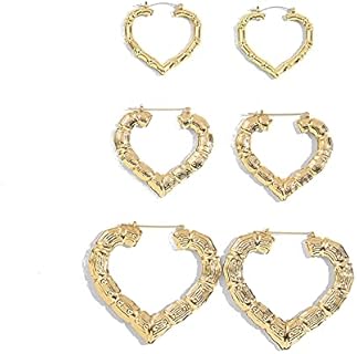 3 Pair Set: Women's Gold Tone Large Bamboo Hoop Earrings with Alloy Gems and Latch Back - Round Circle Hip-Hop Design