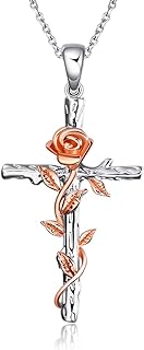 Sterling Silver Rolo Chain Cross Pendant Necklace with High Polished Gem, Perfect Gift for Women and Girls, Detailed Rose Flower Design
