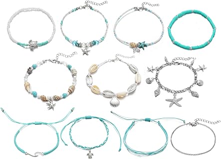 Cubic Zirconia Beaded Beach Bracelets with Cord Chain and Lobster Claw Clasp, Adjustable Silver Anklet Set for Women, Featuring Starfish, Shell and Turtle Designs
