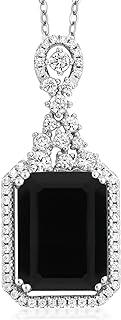 Gem Stone King 925 Sterling Silver Black Onyx Pendant Necklace For Women (7.20 Cttw, Gemstone Birthstone, Emerald Cut 14X10MM, with 18 Inch Silver Chain)