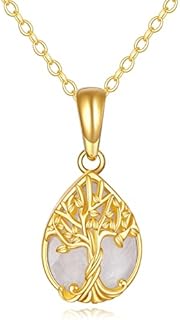 14k Gold Cable Chain Necklace with Lobster Clasp, Lotus and Tree of Life Design with Teardrop Natural Moonstone for Women - Perfect Mother's Day Gift