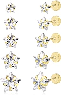 DAILI Cubic Zirconia Earrings Studs: Flat Back Stud Earrings for Women Hypoallergenic Surgical Stainless Steel Heart/Star CZ Stud Earrings in Gold Plated for Helix Cartilage 3-8mm (Set of 5 Pairs)
