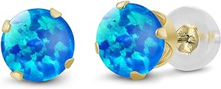 Gem Stone King 14K Yellow Gold Blue Opal Stud Earrings For Women (0.50 Cttw, Gemstone October Birthstone, Round Cabochon 4MM)