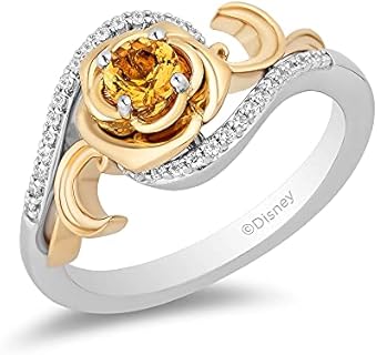 Jewelili Enchanted Disney Fine Jewelry Sterling Silver and 10K Yellow Gold 4 MM Round Shape Citrine and 1/10 Cttw Natural White Round Diamond Belle 30th Rose Ring