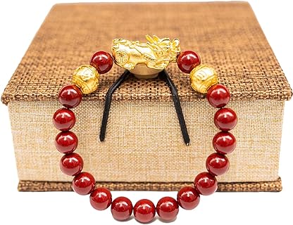 24K Gold-Plated Dragon Bead Bracelet with Double Safety Clasp and Red Cinnabar Gems, Suitable for Both Men and Women Featuring a Pixiu Design