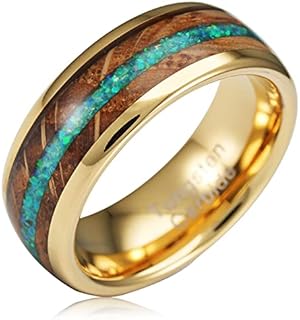 100S JEWELRY 14k Gold Tungsten Rings For Men Whiskey Barrel & Green Opal Wedding Promise Engagement Band Size 6-16