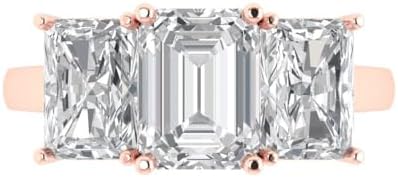 4.0 ct Emerald cut Lab Grown Genuine Diamond VS1-2 I-J 10k Rose Gold Three-Stone Engagement Anniversary Promise Ring Size 7.5