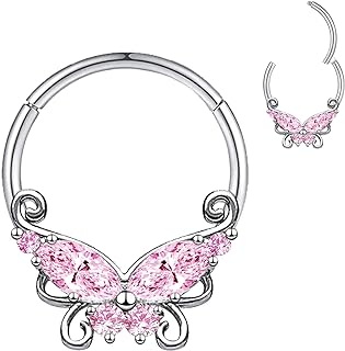 Charm Online 16G Stainless Steel Mushroom Nose Ring with Hinged Segment Clicker and Cubic Zirconia, Unisex Design for Ear Piercings