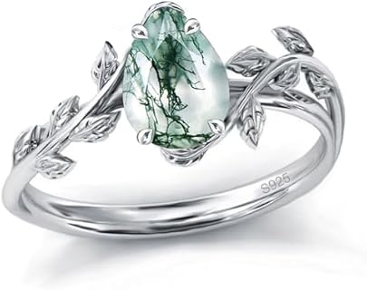 Wasee Natural Moss Agate Ring And Pear Shaped Birthstone Ring 925 Sterling Silver Leaf Birthday Engagement Wedding Promise Ring Jewelry Gift for Women