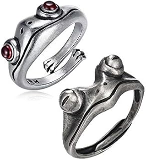 COLORFUL BLING 2 Pcs Frog Open Adjustable Couples Rings Cute Animal Vintage Siver Frog Ring Neutral Red Garnet Finger Jewelry Party Lover Gift Couple Valentine Gift for Women Men