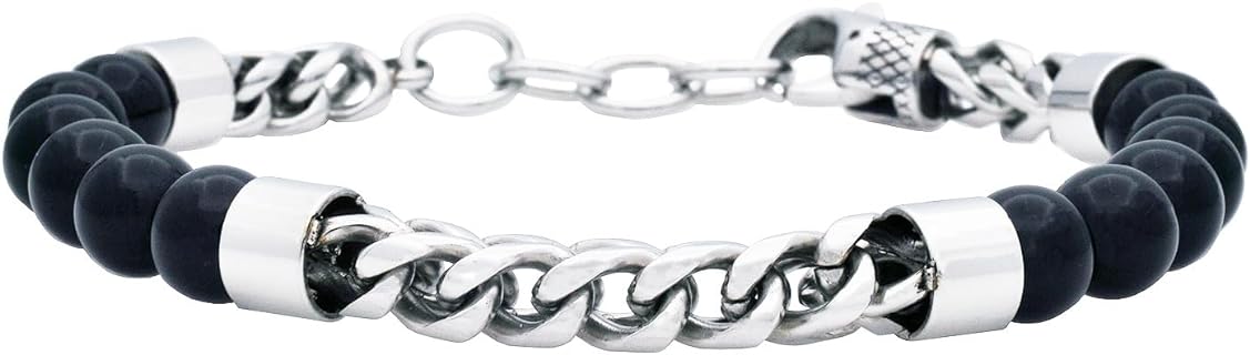 Men's Genuine Gemstone Bead Stainless Steel Franco Link Bracelet