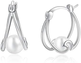 Clip-On Pearl Hoop Earrings with Sterling Silver Structure for Women and Girls, YAFEINI Ocean Wave Design