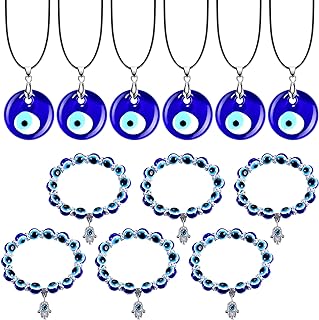 12 Pieces Evil Eye Necklace Bracelet Set Include 6 Pieces Evil Eye Necklace Blue Turkish Glass Leather Rope and 6 Pieces Evil Eye Hamsa Blue Beaded Charm Bracelet for Women Men