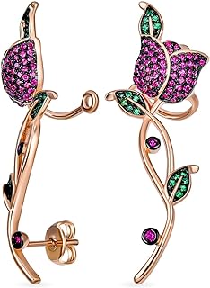 3D Wire Reddish Pink Cubic Zirconia Garden Insect Butterfly Micro Pave Flower Red Rose Flower Helix Ear Pin Climber Crawler Cartilage Lobe Earrings For Women Teen Rose Gold Plated Brass