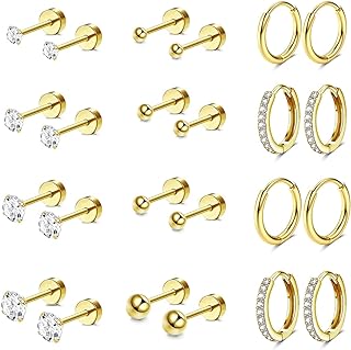 Jstyle Hypoallergenic Surgical Steel Earrings for Sensitive Ears 14K Gold Flat Back Earrings for Women Men Small Stainless Steel Earrings Flatback Stud Hoop Cartilage Earring Set for Multiple Piercing