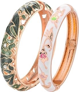 UJOY Vintage Cloisonne Jewelry Handcrafted Bracelets Gorgeous Enameled Flower Gold Plated Cuff Bangles Gifts 88A