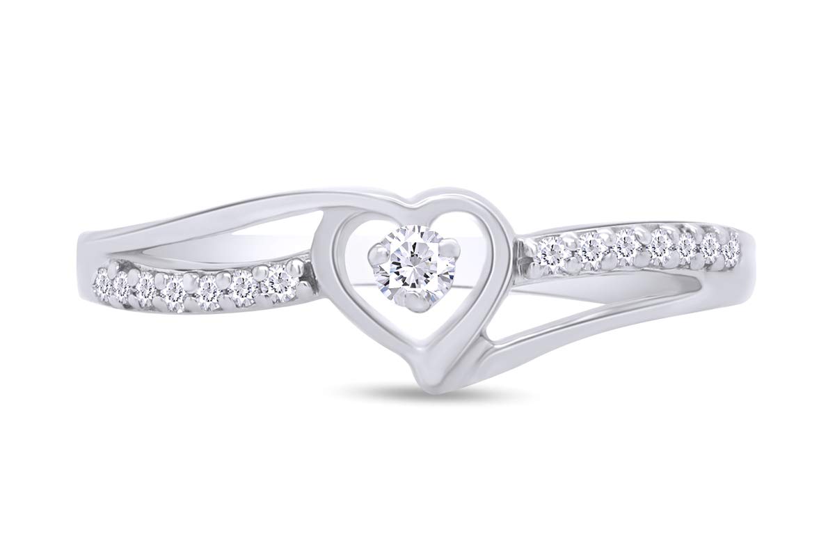 AFFY Round Cut Natural White Diamond Split Shank Heart Promise Bypass Engagement Ring In 14k Gold Over Sterling Silver (0.10 cttw, Color- I-J, Clarity- I2-I3) Gift For Her