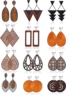 PATISORNA African Inspired French Wire Clip-On Earrings Set for Women - 12 Pairs Natural Lightweight Wooden Dangle Drop Earrings
