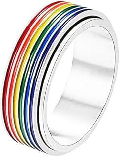 Nanafast LGBT Pride Ring Rainbow Flag Enamel Gay Lesbians Wedding Band 6mm/8mm/12mm Stainless Steel Spinner Ring for Men Women