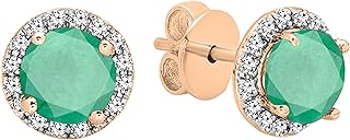 Emerald and Diamond Studded Earrings with Push-Back Closure Perfect for Women, Round Stud Design in 14k Rose Gold