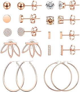 Rose Gold Stud Earrings with Stainless Steel Chain, Cubic Zirconia Gems for Women - Lotus Flower Hoop Design by LOYALLOOK