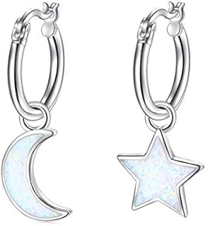 Star and Moon Friendship Earrings Created Opal Hoop Drop Dangle Earrings 925 Sterling Silver Star Moon Fans Best Valentines Day Birthday Gifts