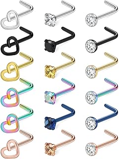 Yaalozei 18G 20G Nose Rings Studs Stainless Steel Straight Spiral Screw Nose Rings Piercings Jewelry for women men Silver Black Rose Gold Bule Colorful