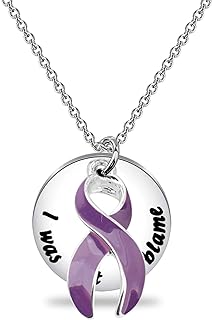 Purple Ribbon Pendant Necklace for Domestic Violence Survivors with Cable Chain & Nagan Gems - Strength Symbol Stainless-Steel Jewelry