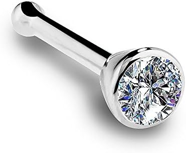 FreshTrends 14k White Gold Diamond Bone Nose Ring Stud Nostril Piercing Jewelry with Flush Bezel Setting Stud - 18 Gauge, G-H Color SI1 Diamond Clarity